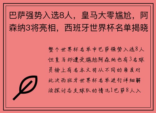 巴萨强势入选8人，皇马大零尴尬，阿森纳3将亮相，西班牙世界杯名单揭晓